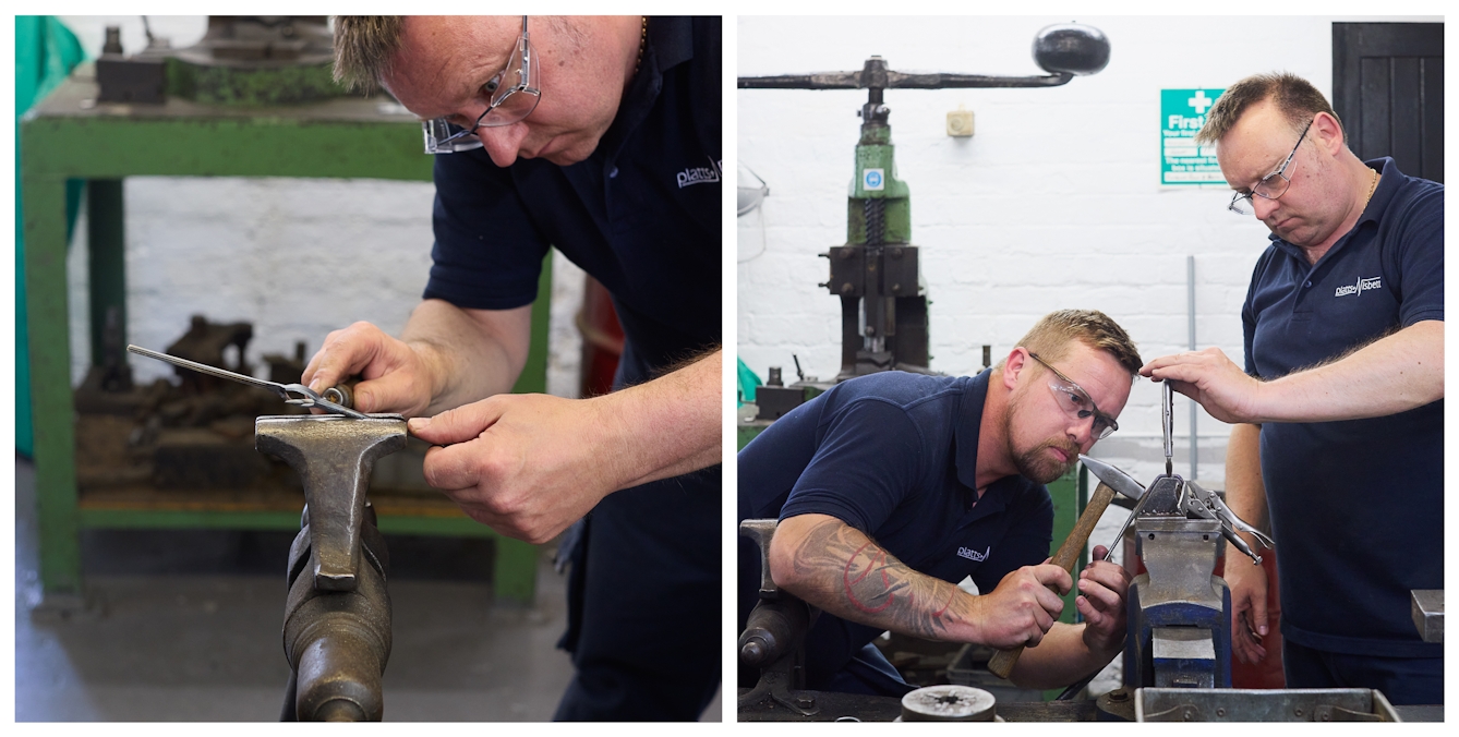 Photographic diptych showing workers in a factory setting carefully crafting hand-made surgical instruments. On the left a worker gently files out the shape by hand of a long thin implement. On the same worker works with another at a vice where a steel section is precisely hammered in to the curve of an underlying jig.