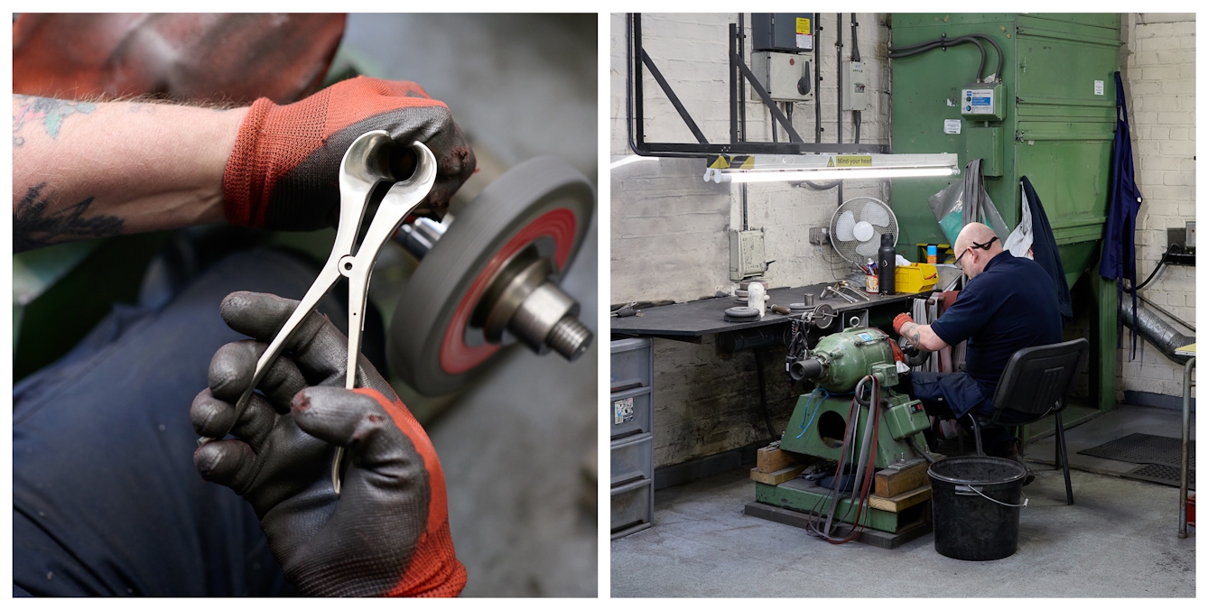 Photographic diptych showing an industrial factory setting. On the right a man sits at a disc mounted machine surrounded by a workbench and power supply boxes. On the left a close-up of his gloved hands shows the stainless steel surgical instrument he is working with the machine.