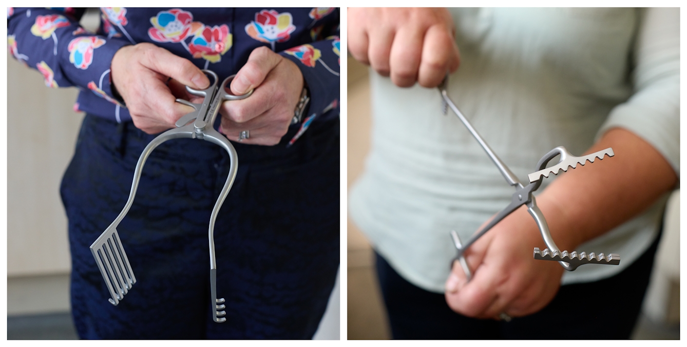 Photographic diptych where each image shows a different person's hands in close-up, holding a pristine surgical retractor on the left and a surgical clamp on the right.
