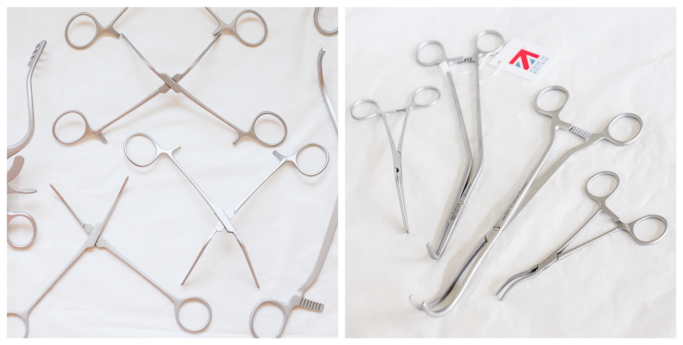 Photographic diptych showing two views of finished surgical instruments laid out on a white paper tissue background. The instruments are pristine and one of them has a sales tag attached with smart of a Union Jack flag printed on it above the words, 'Made in Britain'.