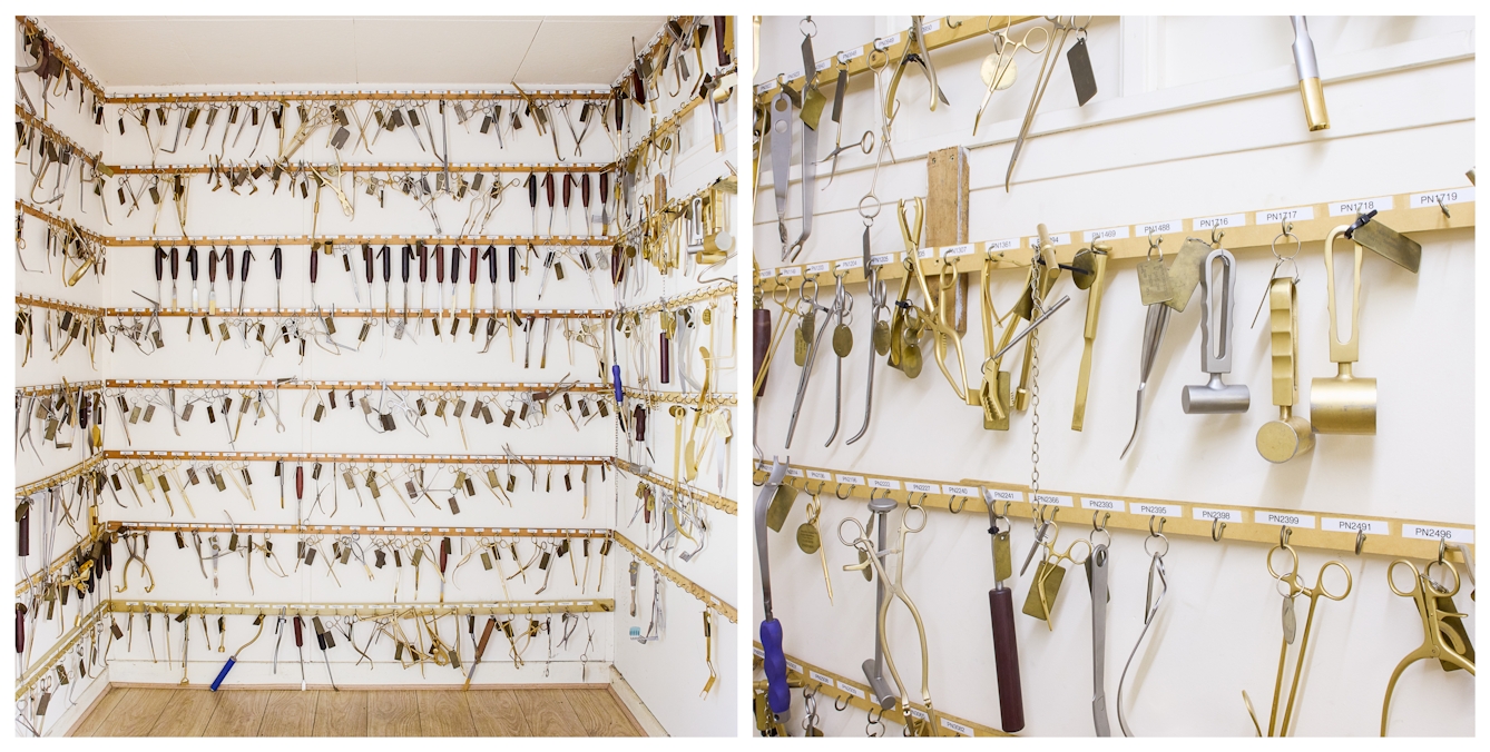 Photographic diptych showing two views of a small room with hundreds of surgical instrument sample patterns hanging from hooks along 8 rows. Each hook has a reference number label and each instrument has a brass tag.