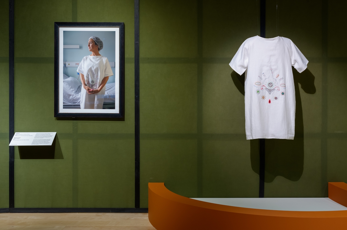 A gown featuring embroidery illustrations, being displayed next to a photograph of a woman wearing the gown.