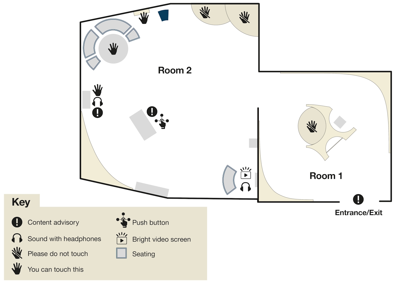 A map showing the layout of the exhibition 'Expecting: Birth. Belief and Protection' at Wellcome Collection. A key to the map has details of sensory information on touch, sound and bright screens.