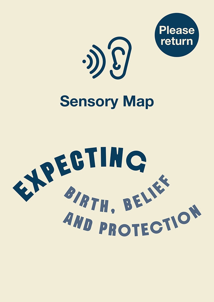 Cover of the sensory map for the exhibition 'Expecting: Birth, Belief and Protection' at Wellcome Collection