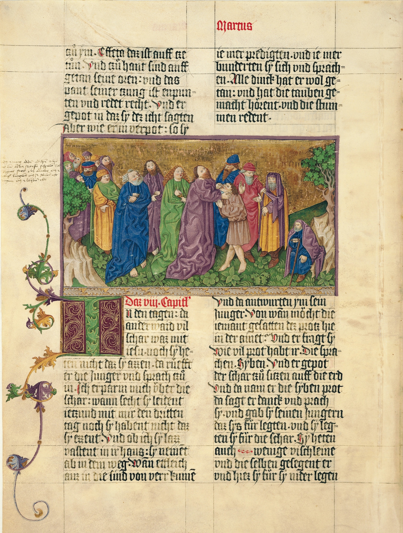 A page from the Ottheinrich Bible, 1425-30. The richly coloured illustration with gold background shows Christ "healing a deaf-mute" man.