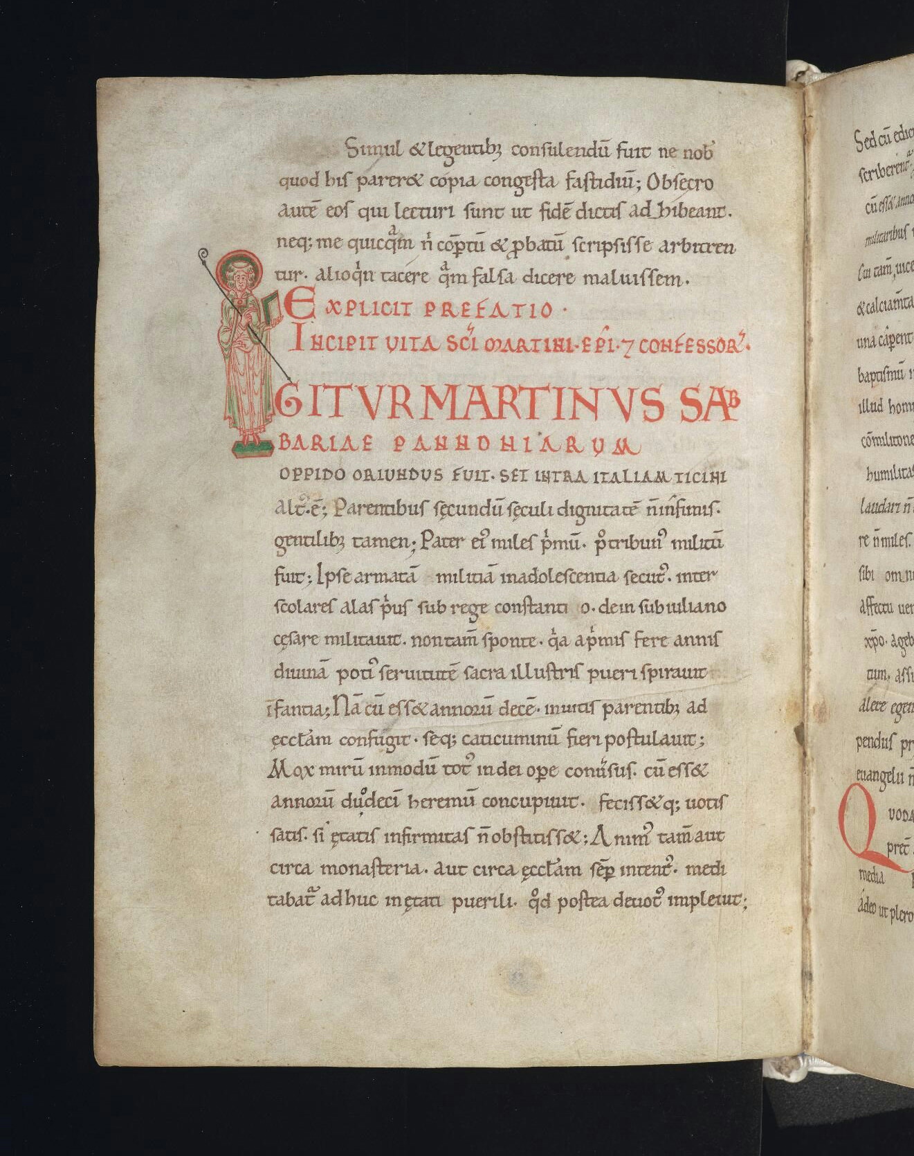 A page from a 12th century manuscript about the Miracles of St Martin, with an illustration of St Martin holding a staff in one hand and a text in the other.