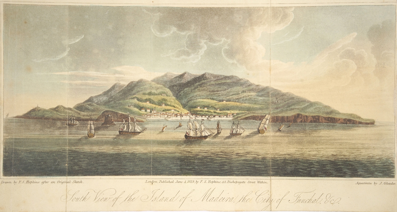 An aquatint landscape print of the island of Madeira from the sea in 1819. It shows the city of Funchal, with a number of sailing ships anchored in the harbour.