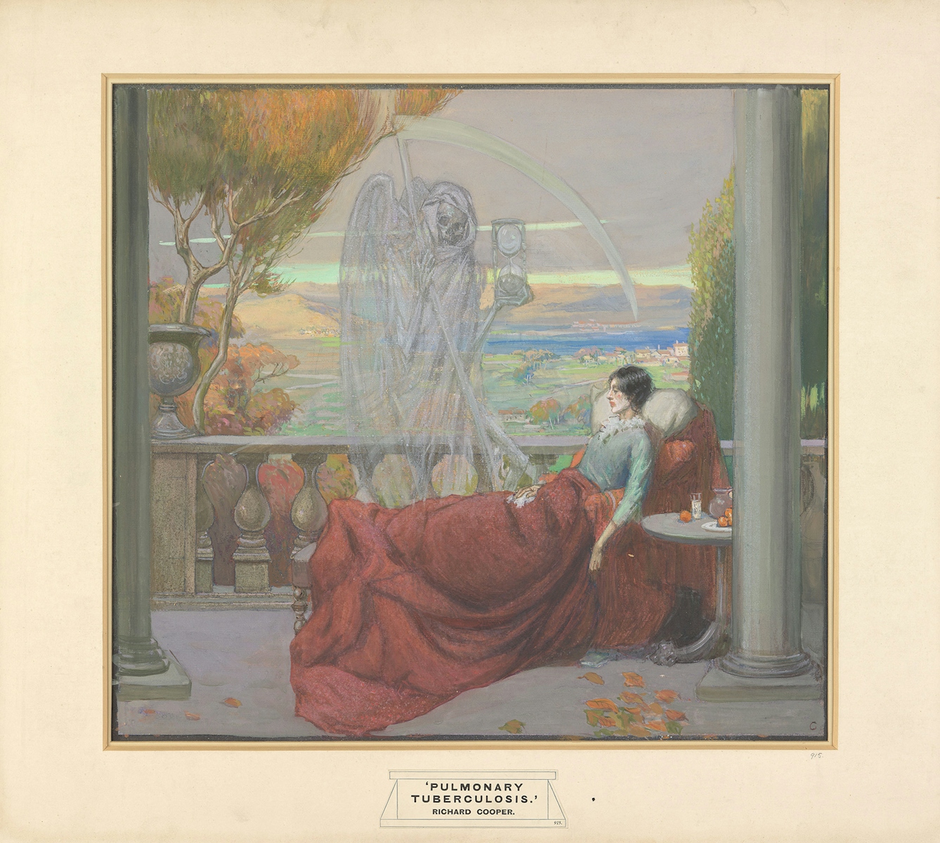 A sickly young woman sits in a bed on an open verandah, looking out at a rural landscape. Abouve her hovers the ghostly, skeletal figure of death, with wings and carrying a scythe in one hand and an hour glass in the other. She is unaware of the presence.