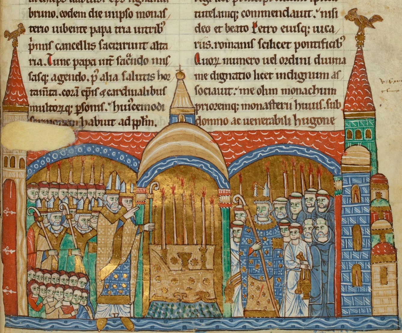 A brightly coloured medieval drawing depicting the inside of Cluny abbey church in 1190 CE. The space is packed with monks an dignitaries in a religious ceremony led by the Pope.