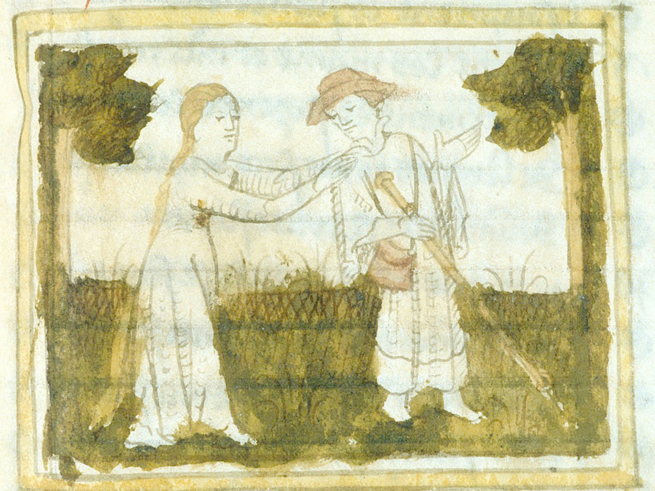 A medieval illustration of a woman saying farewell to a man setting off on a pilgrimage.
