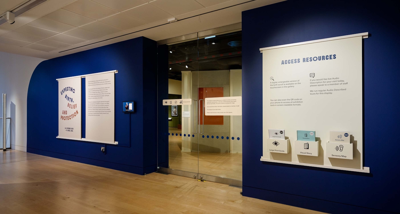 Entrance to Gallery 3 at Wellcome Collection, featuring the exhibition 'Expecting: Birth, Belief and Protection'.