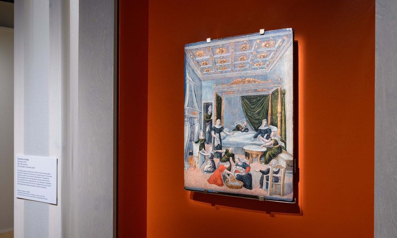 A painting hung on a wall in a museum gallery.