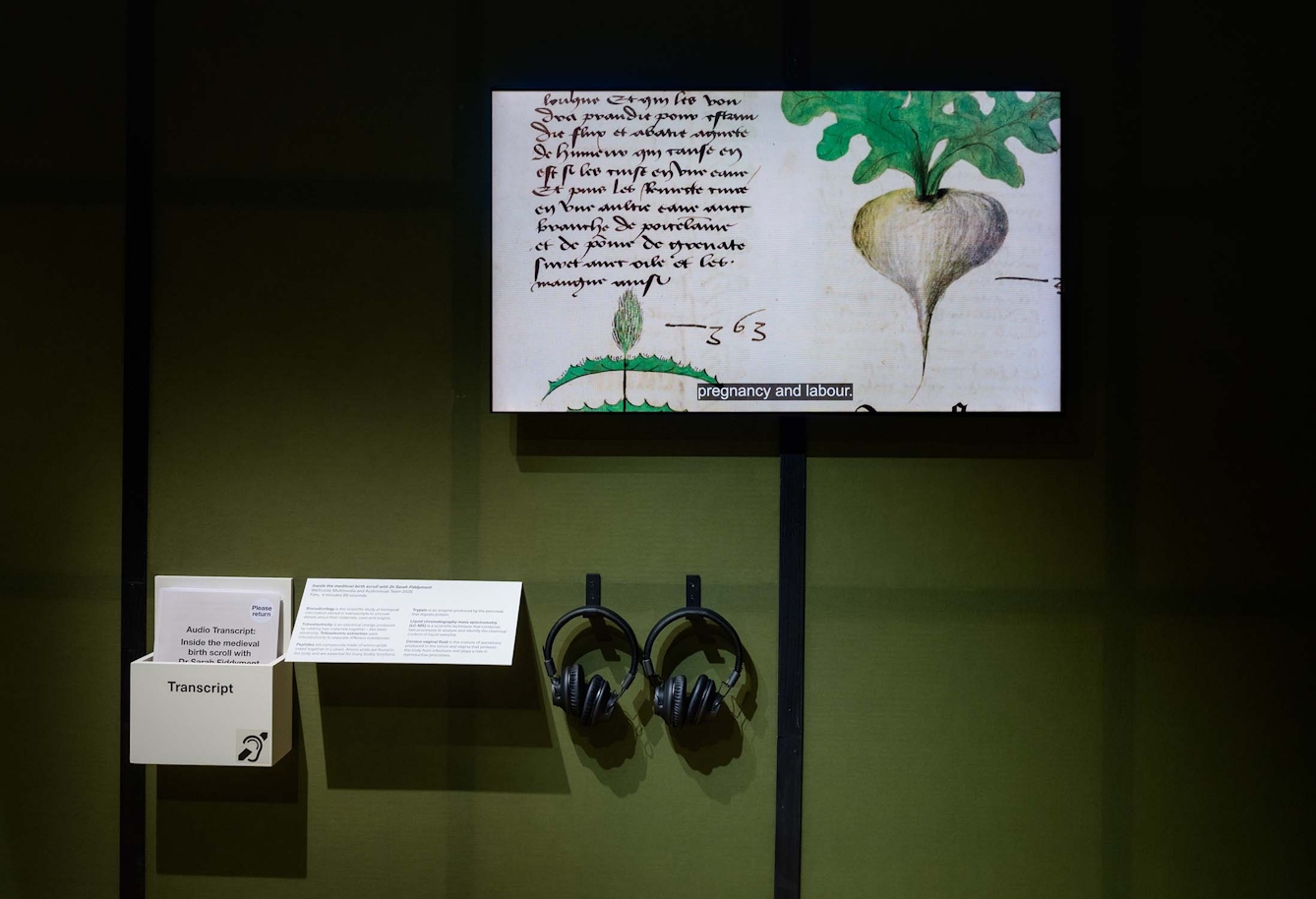 A video screen on a museum gallery wall with a transcript and headphones handing beneath the screen.