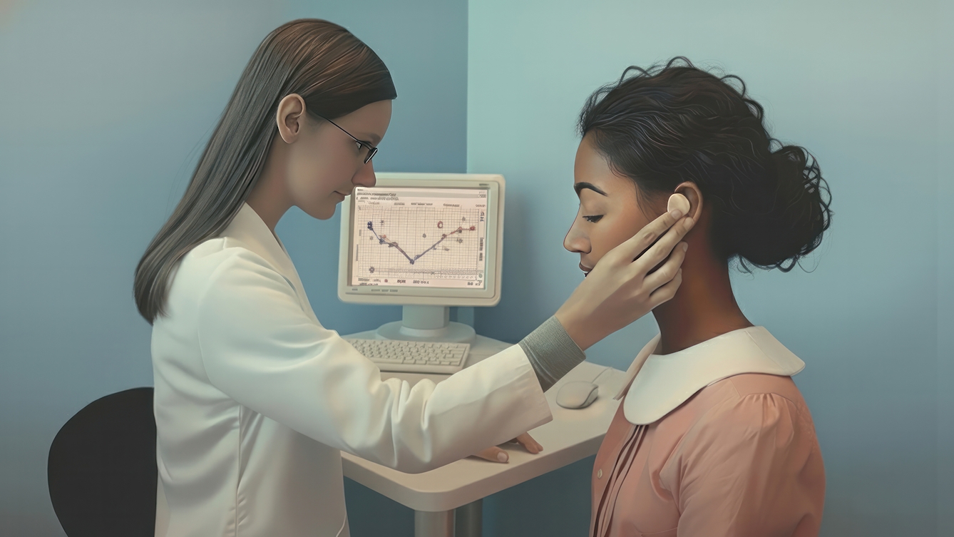 A digital illustration of Sabrina as a child at an audiology consultation. A white audiologist is wearing a white coat and is placing a hearing aid for white skin into Sabrina’s ear during a hearing assessment. Behind them, a computer monitor displays an audiogram chart with plotted points and a line graph, indicating an audiology report. The room has soft blue walls, creating a clinical atmosphere.
