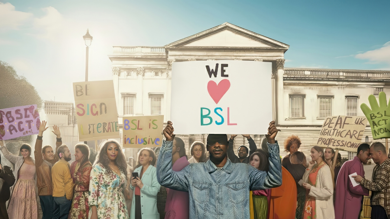 A lively rally in front of the National Gallery in London, with tall columns and ornate windows. A diverse crowd of people holds coloruful placards advocating for British Sign Language (BSL). The central sign reads “We love BSL”, while others display messages such as “BSL is inclusive” and “BSL Act Now.” The scene conveys energy, solidarity, and a push for language rights under a bright blue sky.