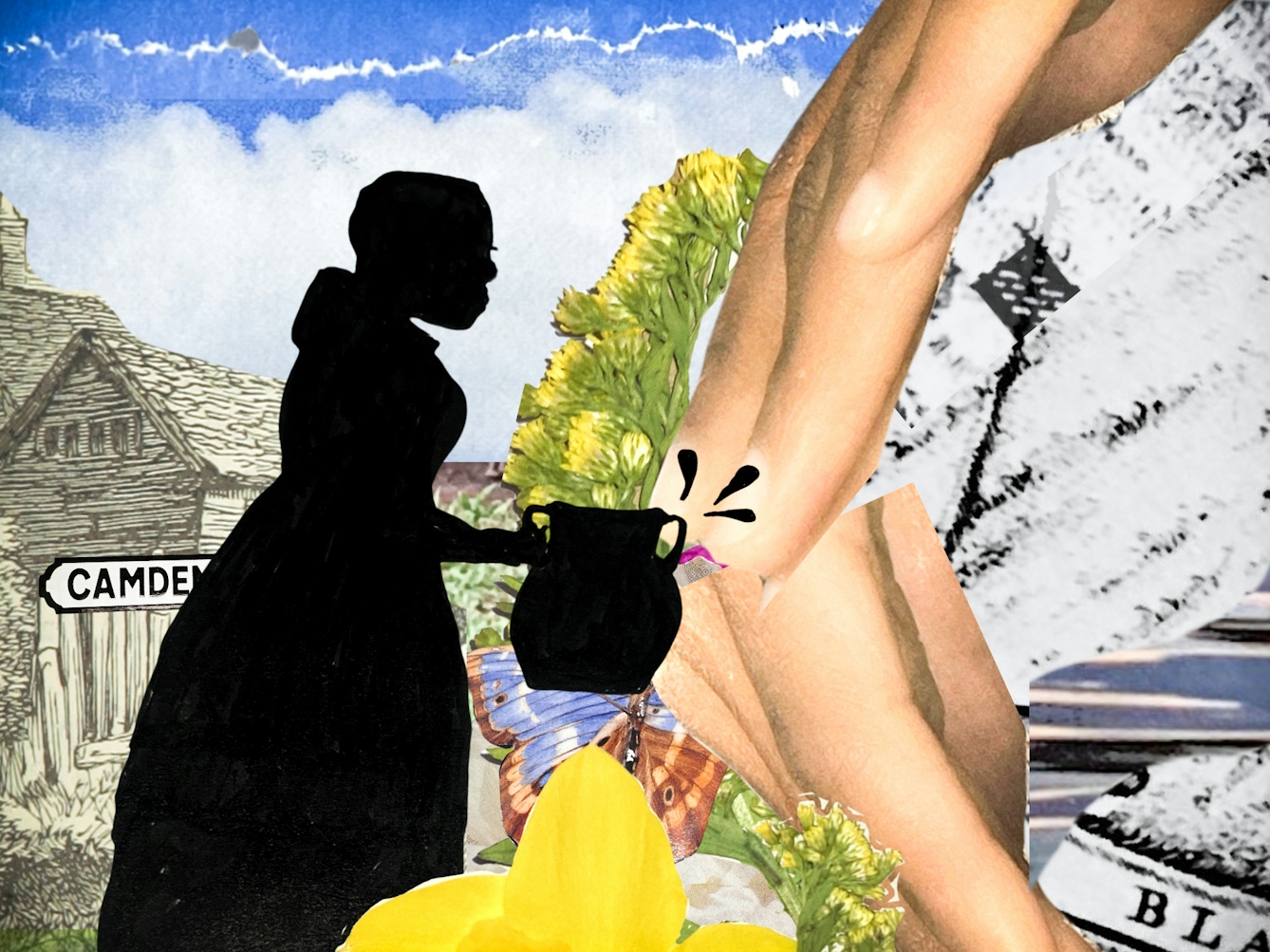 A vibrant collage featuring a black silhouette of a woman in historical clothing, holding a jug in front of a  cottage and a "Camden" sign. The foreground is filled with yellow flowers and a butterfly, while the centre is framed by overlapping photographic hands. The background includes layered green foliage, blue sky with clouds, and fragments of a black-and-white map.