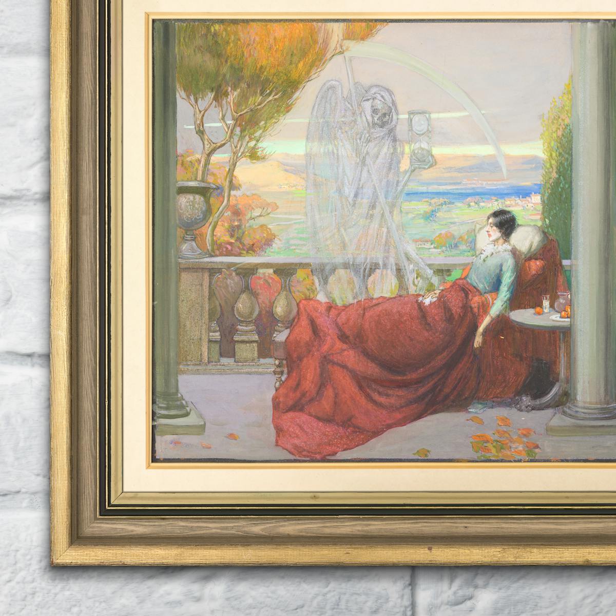 Framed painting hung on a whitewashed brick wall, depicting a sickly young woman in a bed on an open verandah, looking out at a rural landscape.