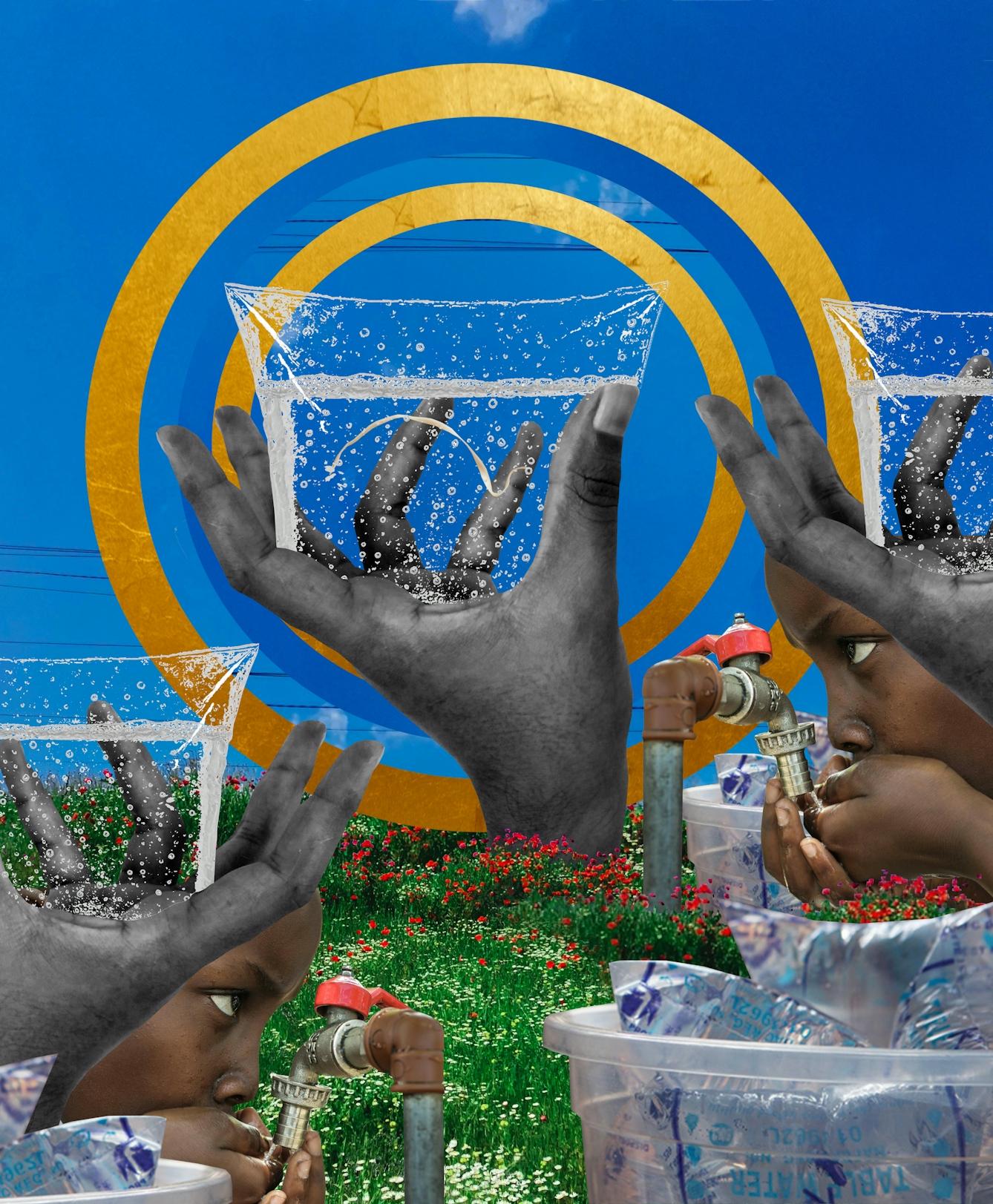 A digital collage featuring three large hands holding sachets of water, one of which contains a white floating object. The hands are set against a vivid blue sky with concentric golden rings. In the lower part of the image, repeated visual elements include taps emerging from a grassy area dotted with small flowers, a child drinking from one of the taps, and buckets filled with packaged water sachets.