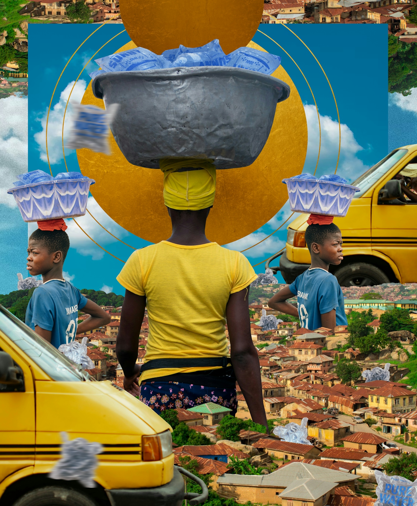 A digital collage featuring a woman in the centre, with her back to us, skilfully balancing a large basin of water sachets on her head against a bright blue sky. A golden circular motif frames her like a sun. Surrounding her are repeated images of a child carrying a smaller bucket of water sachets and bright yellow minibuses. In the background, a Nigerian cityscape with densely packed houses and trees is visible. Scattered throughout are discarded plastic sachets.