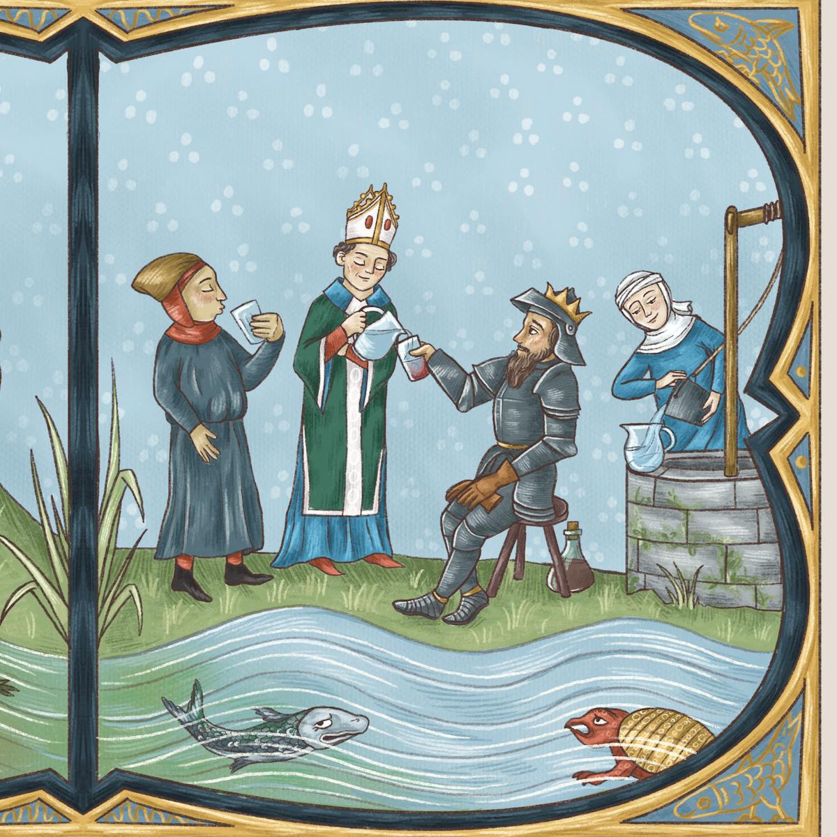 A scene showing seven people drinking water, wine and beer on a grassy verge next to a flowing river. The scene is divided into two and has a medieval-style border. On the left the river is brown and has frogs and worms in it, while on the right-hand side the water is clear, blue and has fish and a turtle in it. On the left a man drinks water, while a man and pregnant woman drink wine. On the right, a man drinks water with a king and knight who are mixing water into wine, while a woman behind them retrieves water from a well.