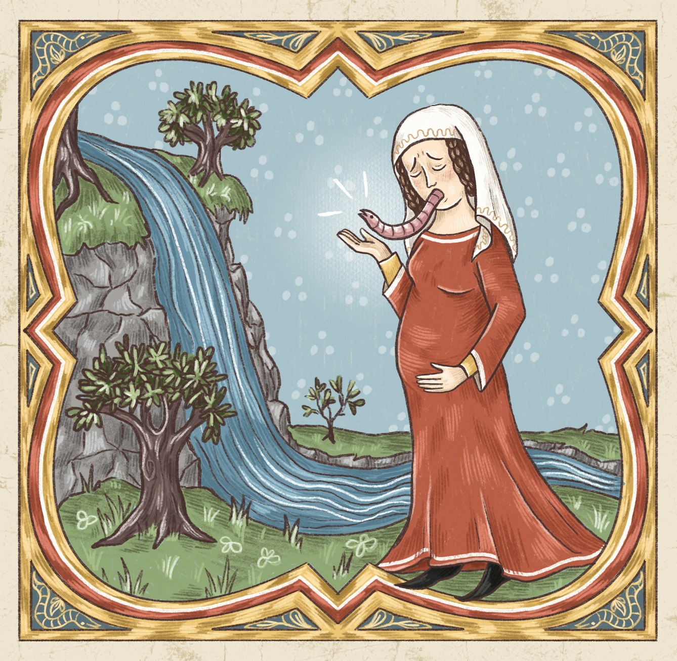 A woman in medieval clothing and with a bloated stomach stands next to a waterfall while a worm crawls out of her mouth towards the water.