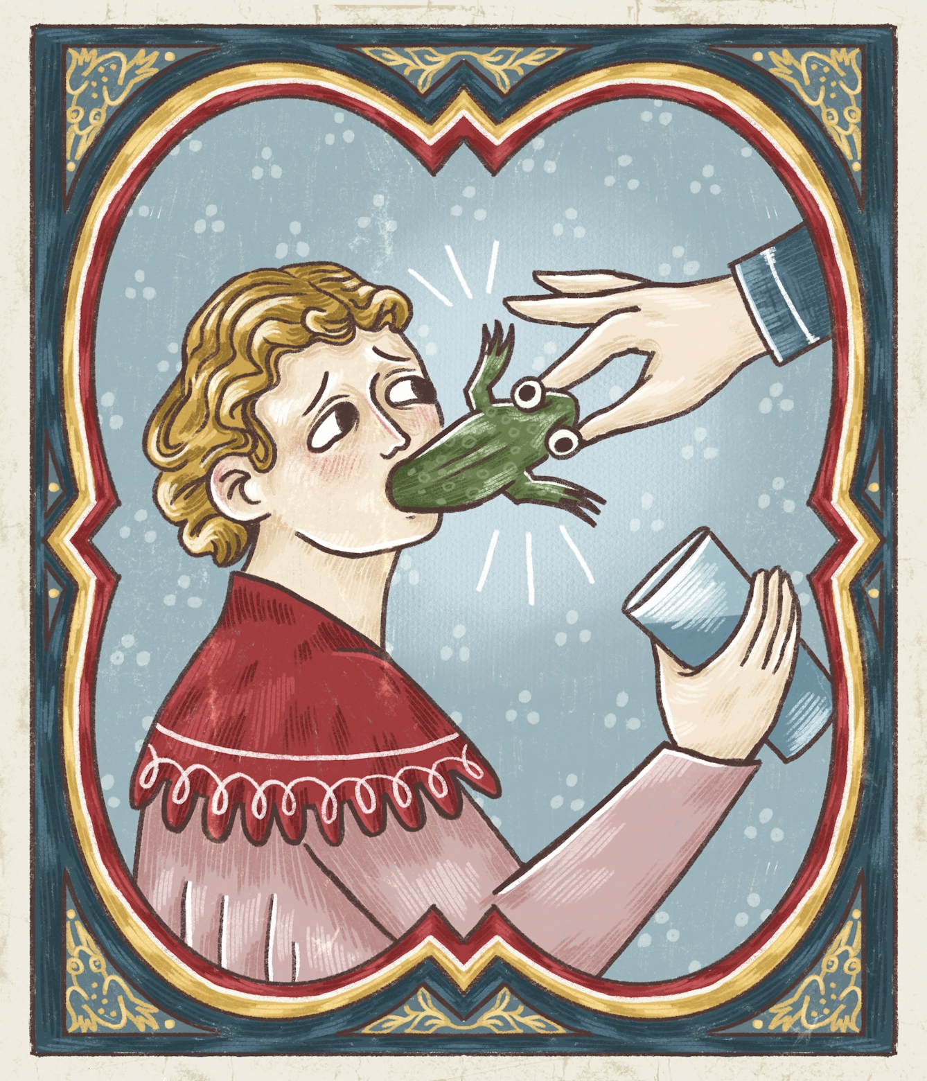A young man in medieval clothing holds a glass of water while a hand pulls a frog out of his mouth.