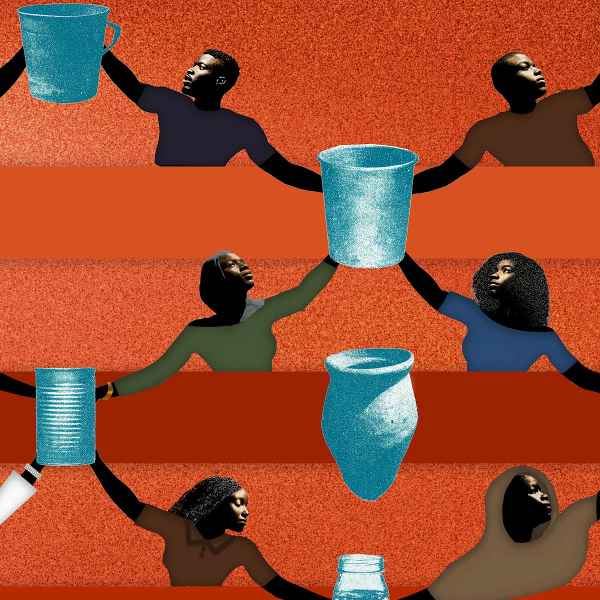 A stylised illustration showing a community against a textured, reddish-orange background. Each person is reaching out to hold hands with those beside them, forming a continuous chain across the image. Interspersed between the figures are various water vessels - buckets, jars, pots, and cups - rendered in bright blue. The vessels are passed between the people, symbolising sharing.