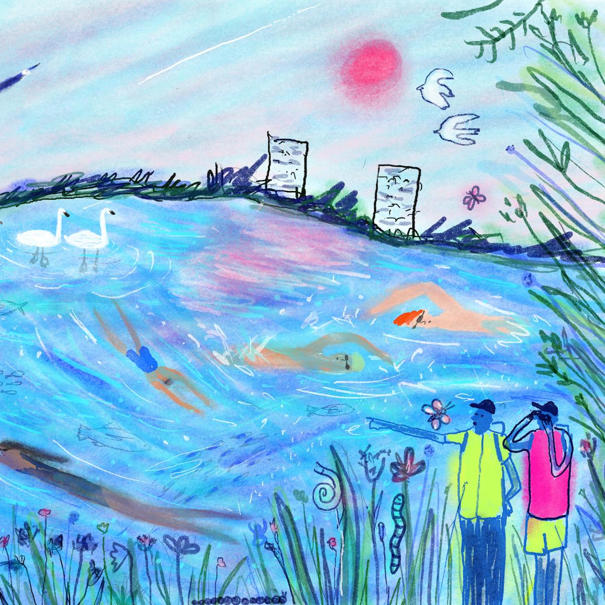 People swim in a large blue reservoir, as onlookers lounge on the grass or birdwatch from the banks. Geese fly overhead and skyscrapers are in the distance.