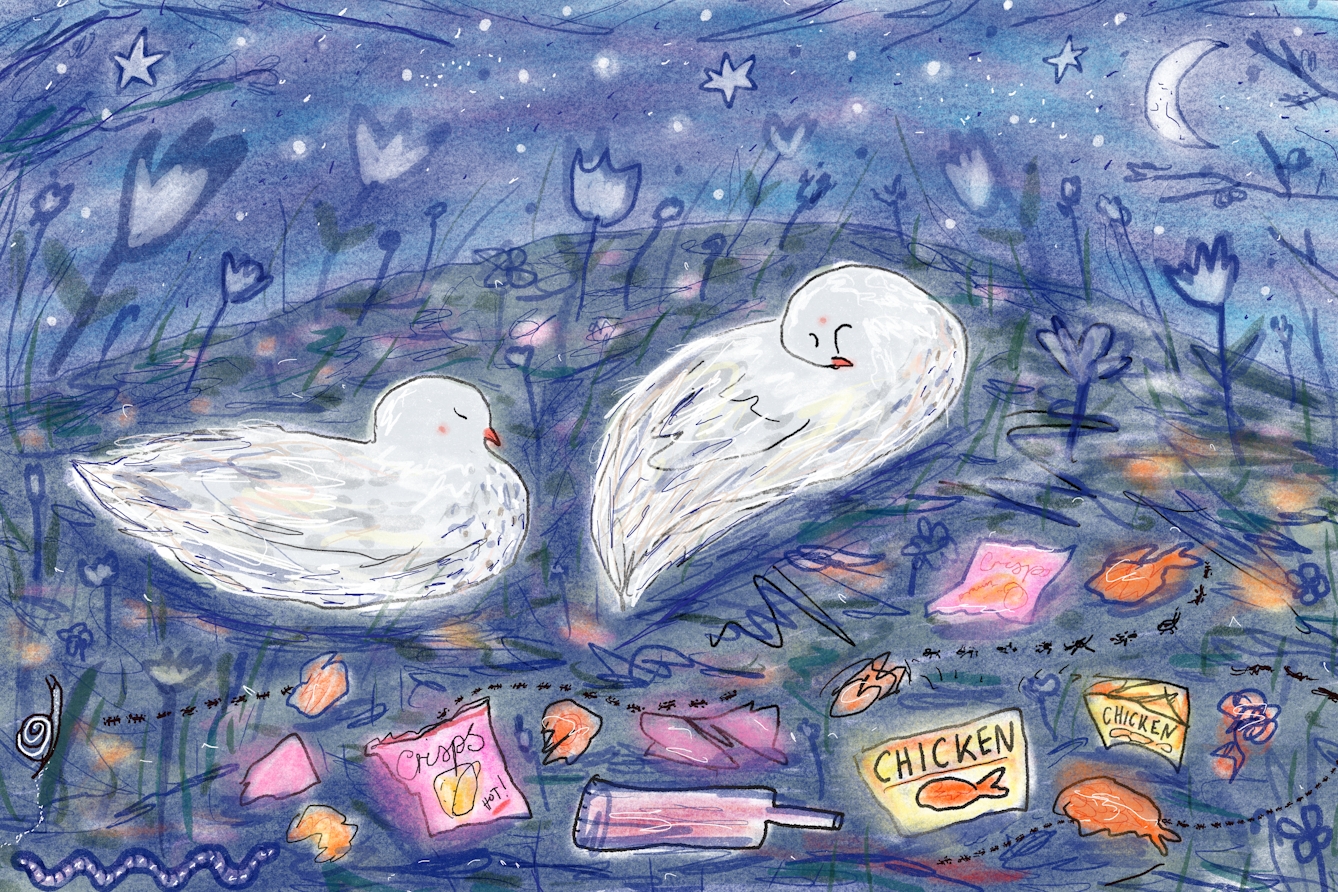 Two birds sleep on top of a pile of litter under a night sky.
