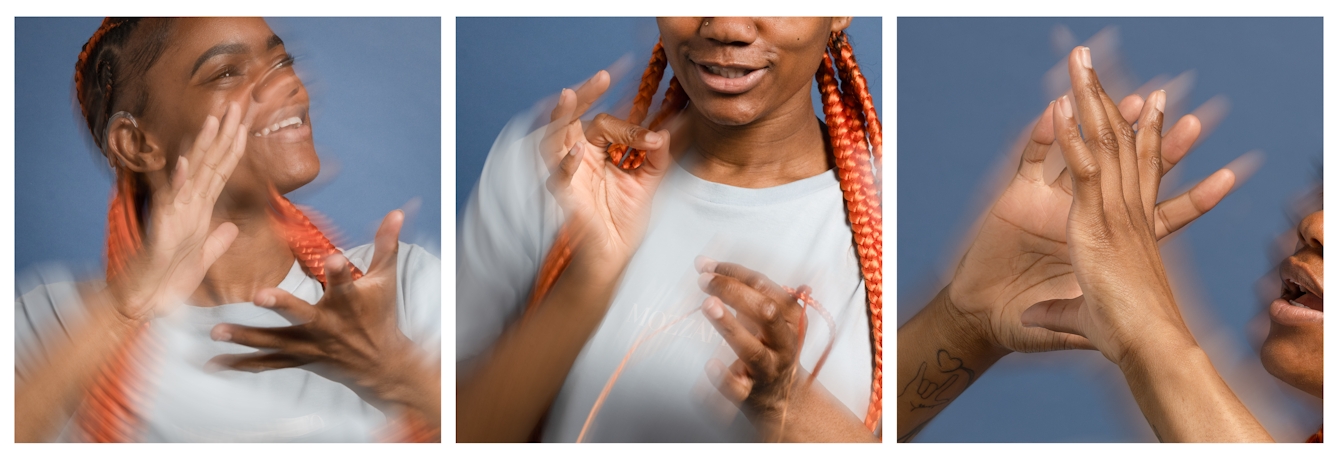 Three more portraits of Sarah, closeup on her hands and face.
