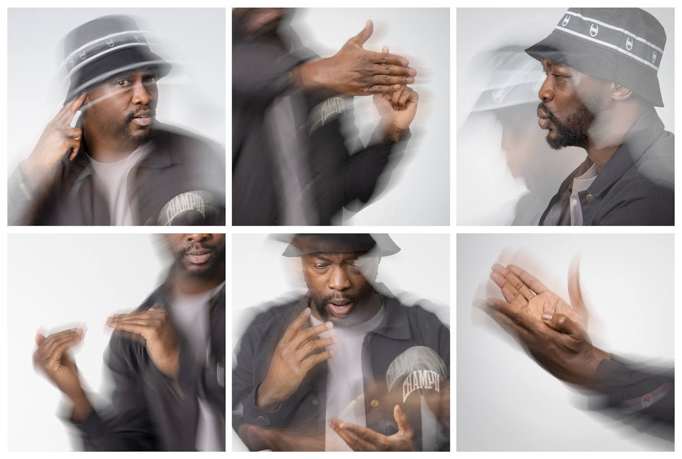 A grid of six portraits of SignKid showing his face or hands in motion, as he performs one of his songs though sign language.
