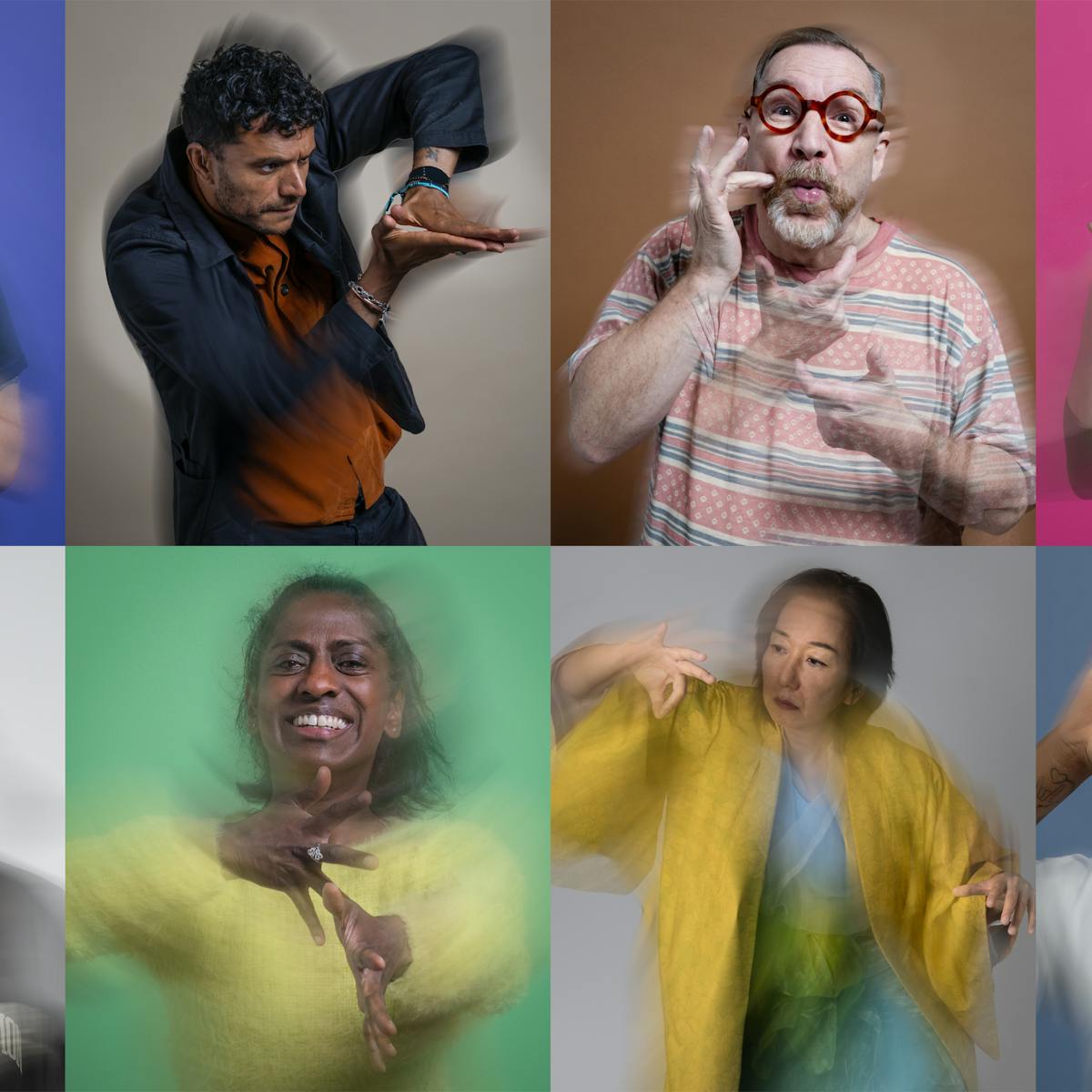 Eight portraits on colourful backgrounds of a mix of people using sign language to communicate. Each portrait contains blurred movement or double exposure emphasising their energy and expression.
