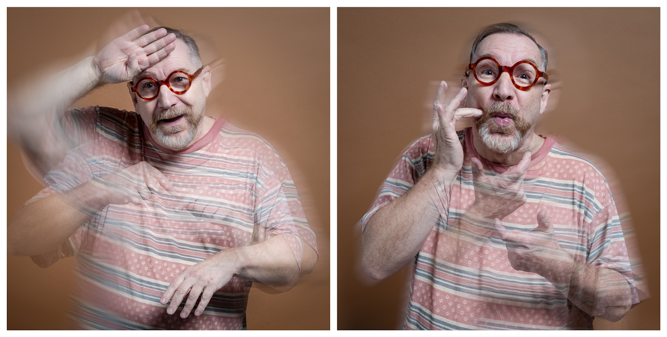 A diptych of historian Peter Brown with round red rimmed glasses and a striped shirt appears in blurred motion poses against a brown background, expressing animated gestures with his hands and face.