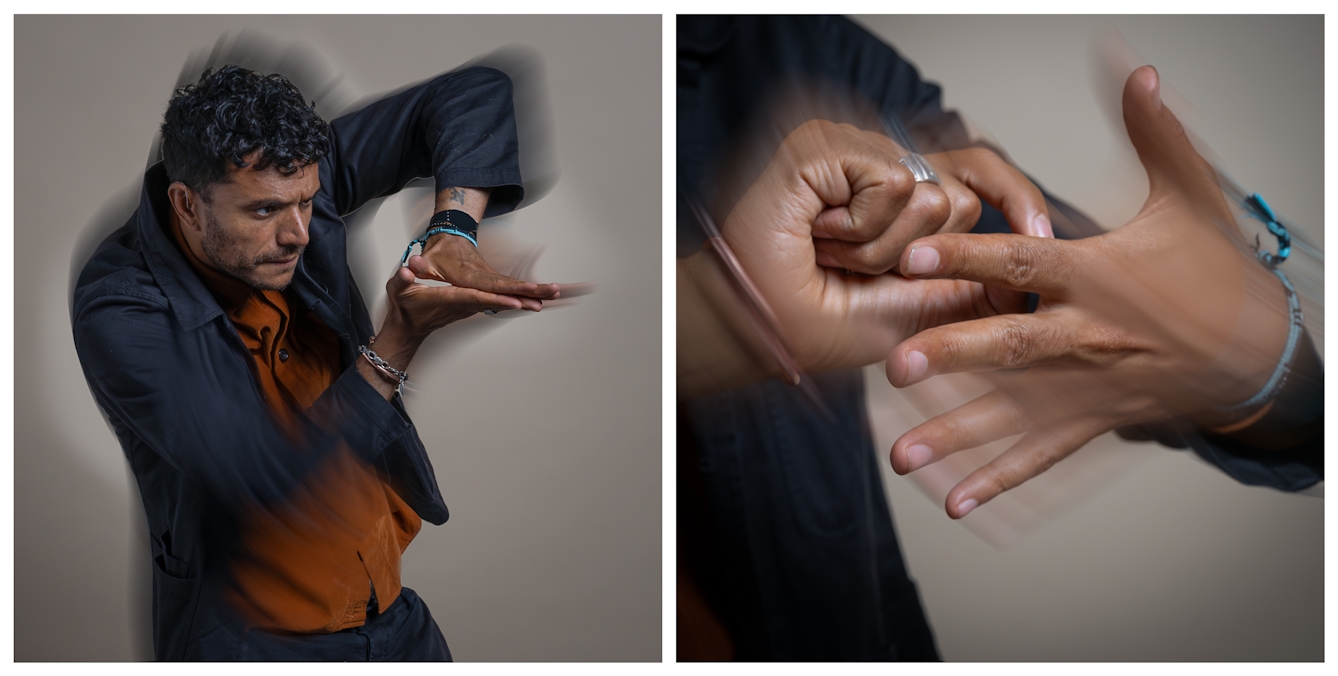 A diptych of Raymond Antrobus in a dark jacket and orange shirt moving dynamically, his blurred hands accentuating movement. His expression is focused. A close-up shows rapid hand gestures.