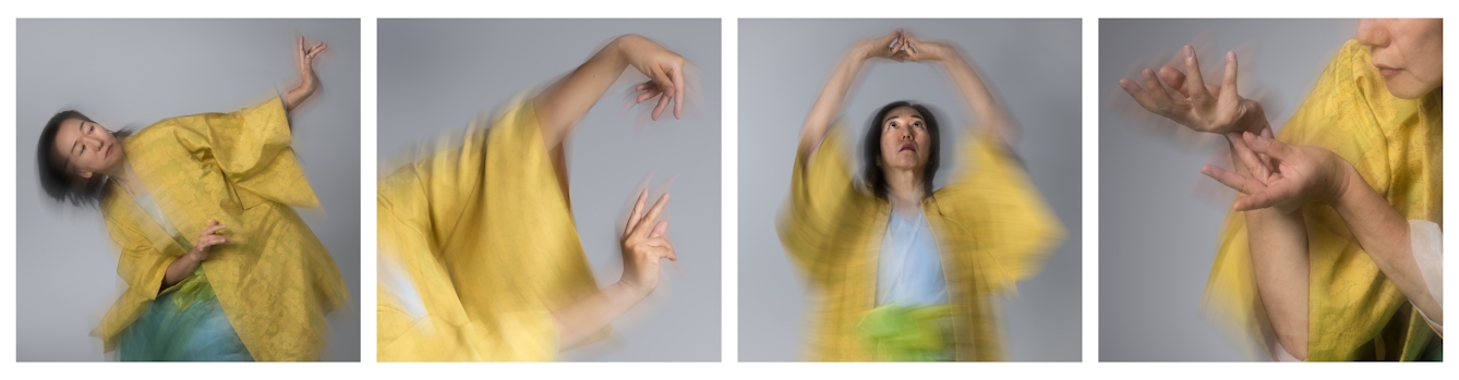 A grid of four more images of Chisato, cropped in close on her hands and upper torso.