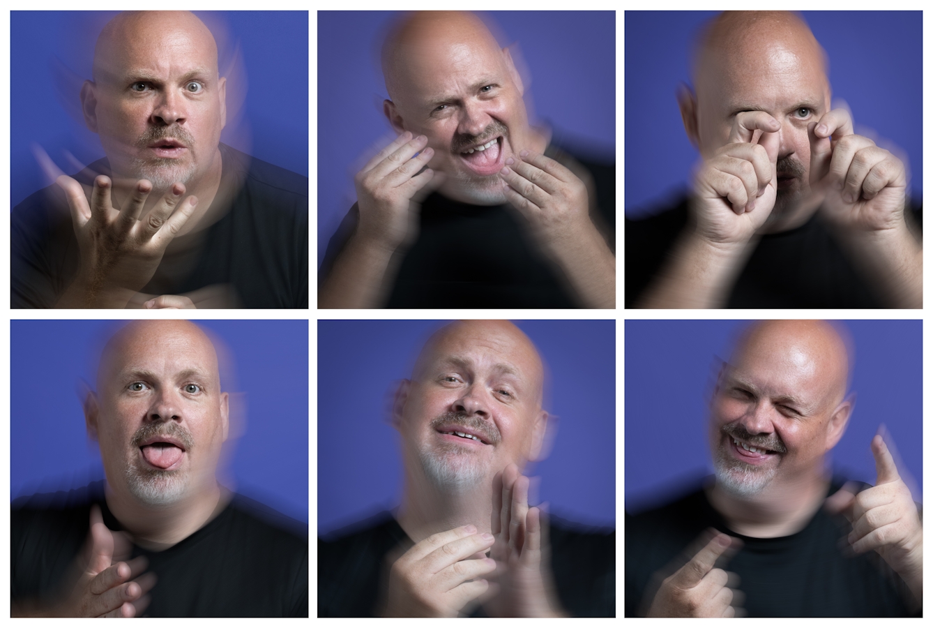 Six more portraits of Gavin in a grid, cropped-in on his head, shoulders and hands, showing more expressions and signs.