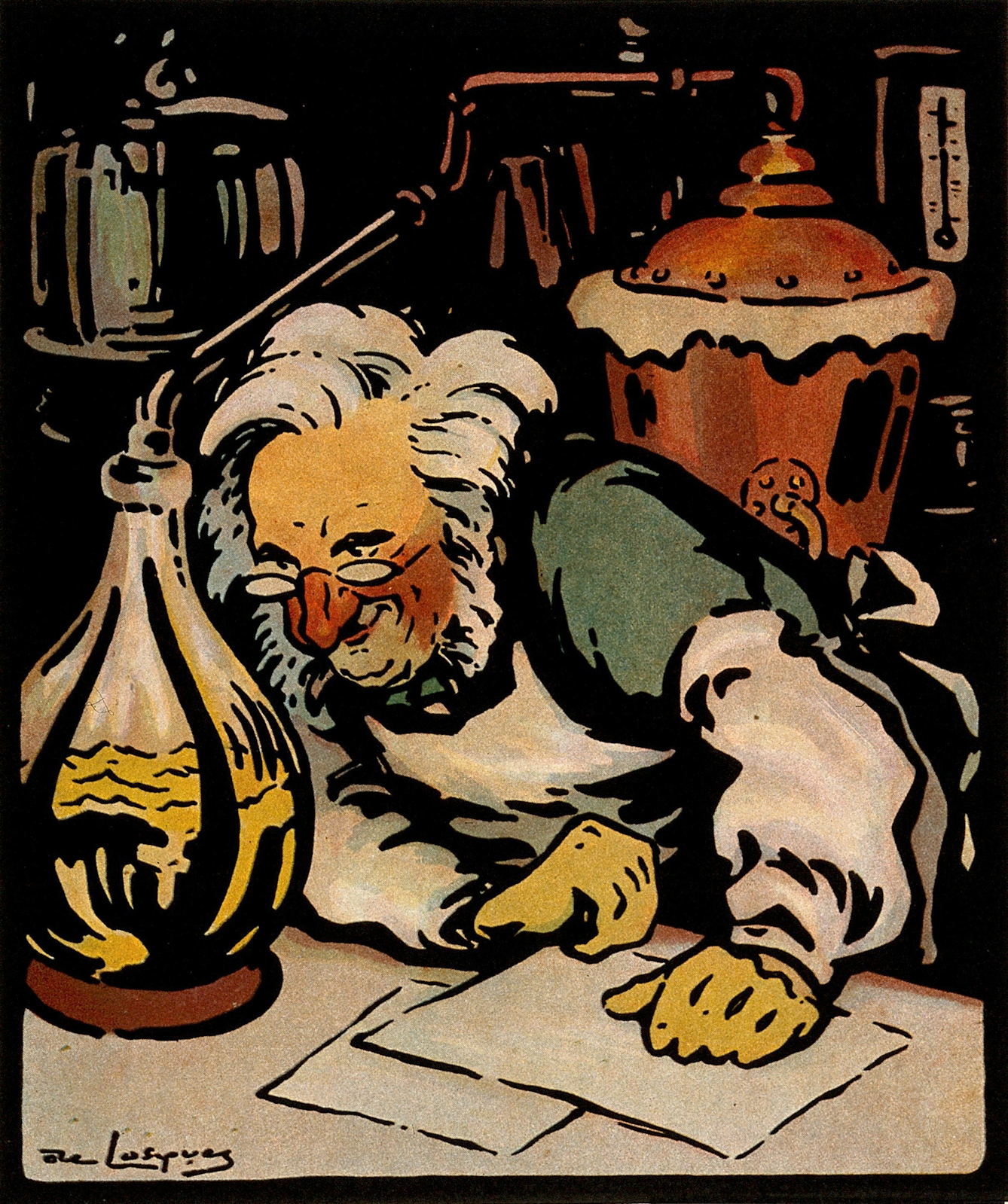 Illustration of a middle-aged man with grey hair and rimless glasses peering into a glass round-bottomed chemical flask containing yellow fluid.