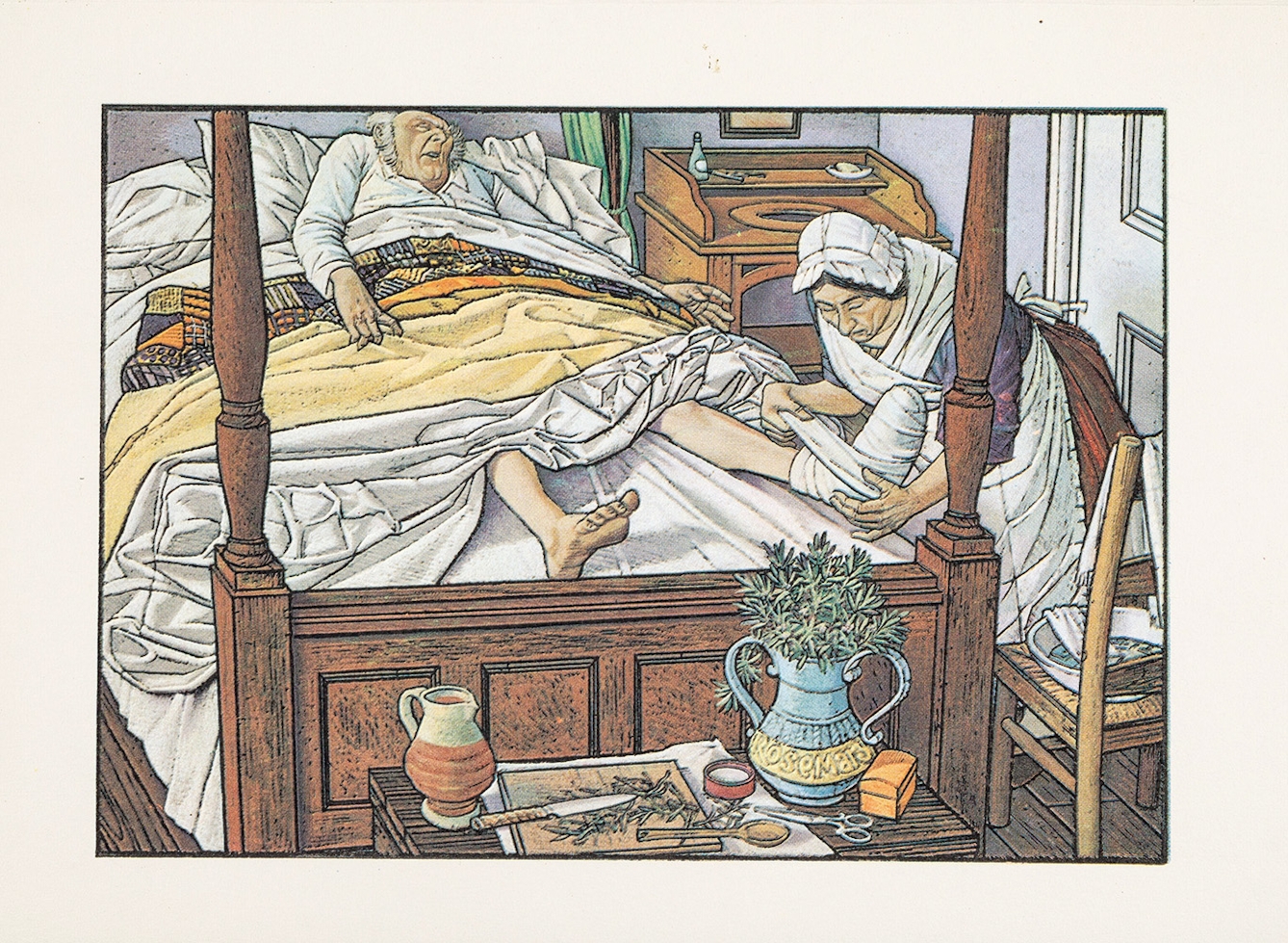 An old man with a pained expression lies in a large four-poster bed with his fee sticking out of the bedclothes. A nurse bandages his left foot. On the table infront of the bed is a large jug of rosemary leaves and chopping board with some chopped leaves.