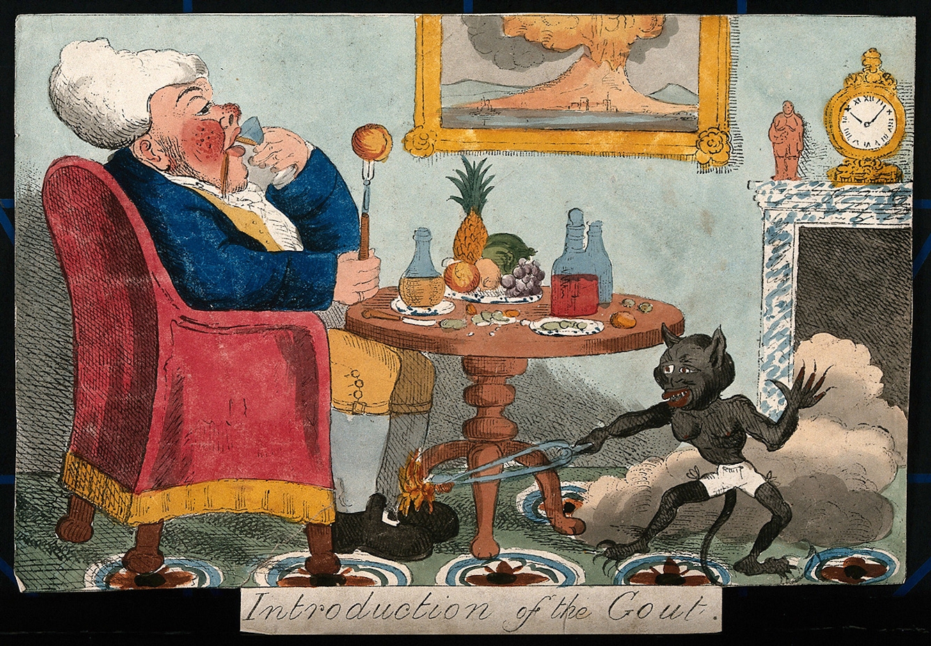 A 19th century cartoon print of a wealthy middle-ged man sitting at a small table laden with food and drink. He drinks a glass of wine while a small black devil under the table pokes his foot with some firey material held in a pair of tongs.