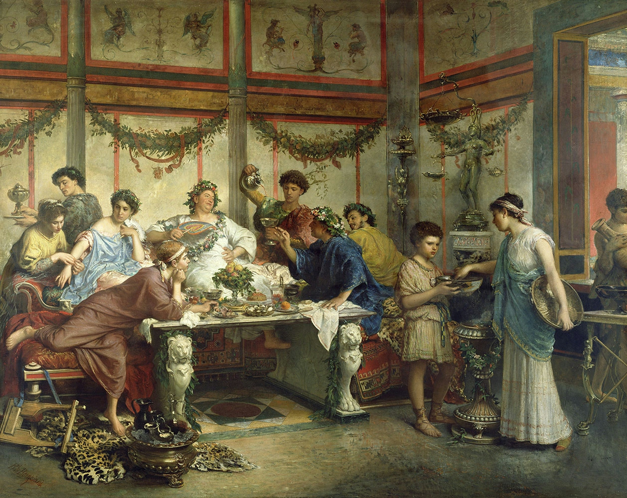 A painting of a wealthy ancient Roman family enjoying  a sumptuous feast in their home. They are richly dressed, with wreaths on their heads and are waited on by many servants.
