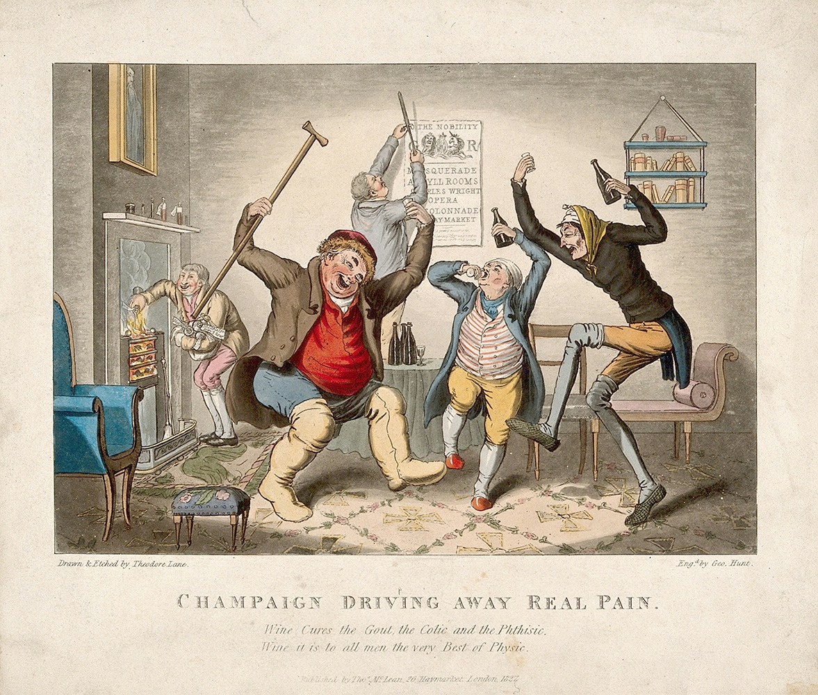 Three men dance in a group waving their arms and laughing. One waves a crutch in the air, the other two hold wine bottles and have bandages round their heads. Behind them another man clutched medicine bottles pours the contents into a fire. Another is attaching a poster to the wall with the title 'Nobility'. The text beneath the image reads: "Champaign (sic) driving away real pain. Wine cures the gout, the colic and the phthisic (sic). Wine it is to all men the very best of physic (sic)."