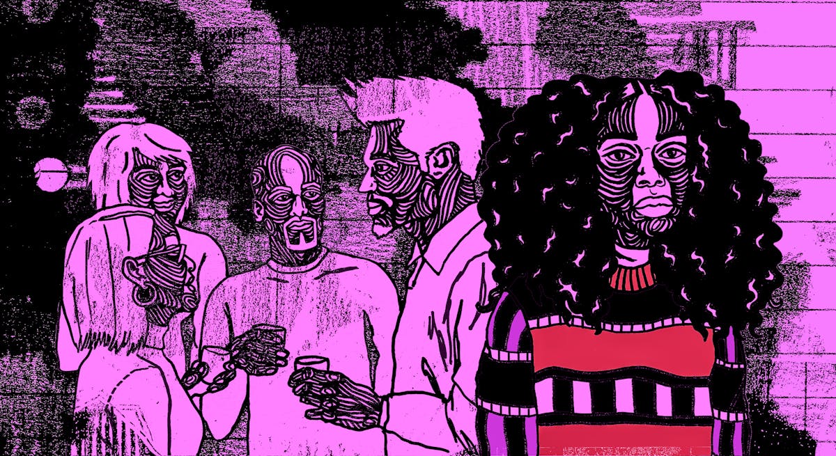 Illustration in black, purple and red tones, showing a woman standing to the right of frame look off into the distance. Behind her a group of 4 people are in close conversation. It looks like she is excluded.