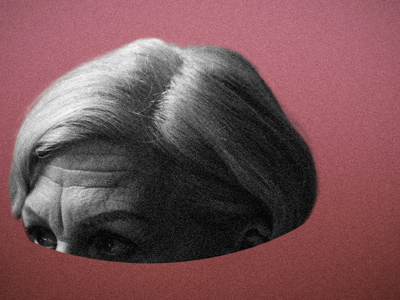 Detail from a larger digital collage artwork made up of red and black and white hues. At the centre is the floating upper half of an older woman's head, cut off just below her eyes. The background is a graduated textured tone from dark red at the bottom to lighter red at the top.