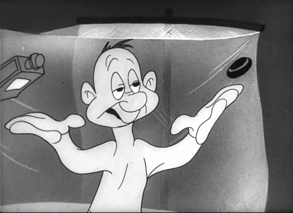 Black and white still image from the film 'Private SNAFU vs. Malaria Mike', showing Snafu standing by his bed, throwing away a bottle of antimalarial medicine.