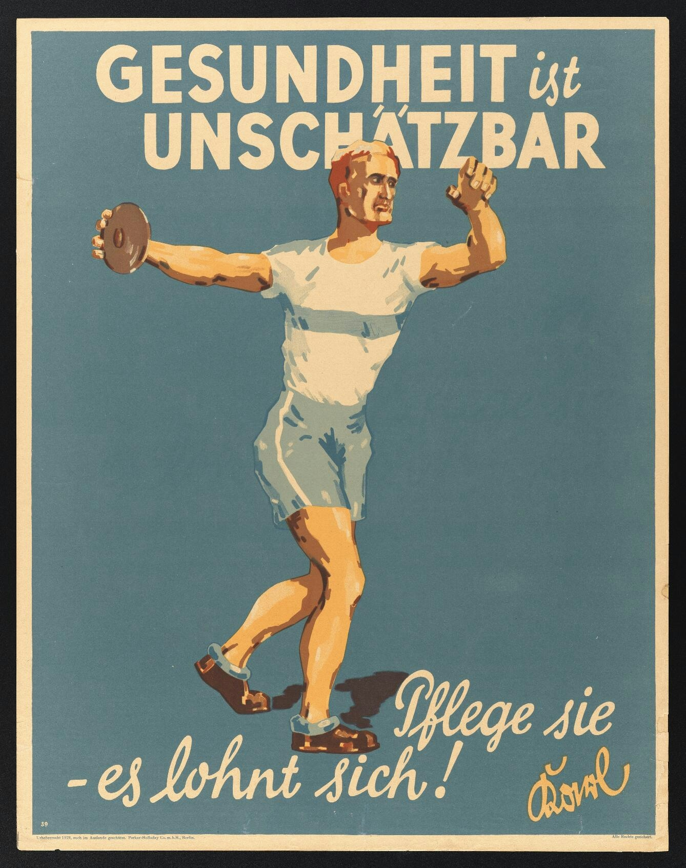 Colour poster with text in German: 'Gesundheit ist Unshatzbar' and an image of a man throwing a discus on a blue background