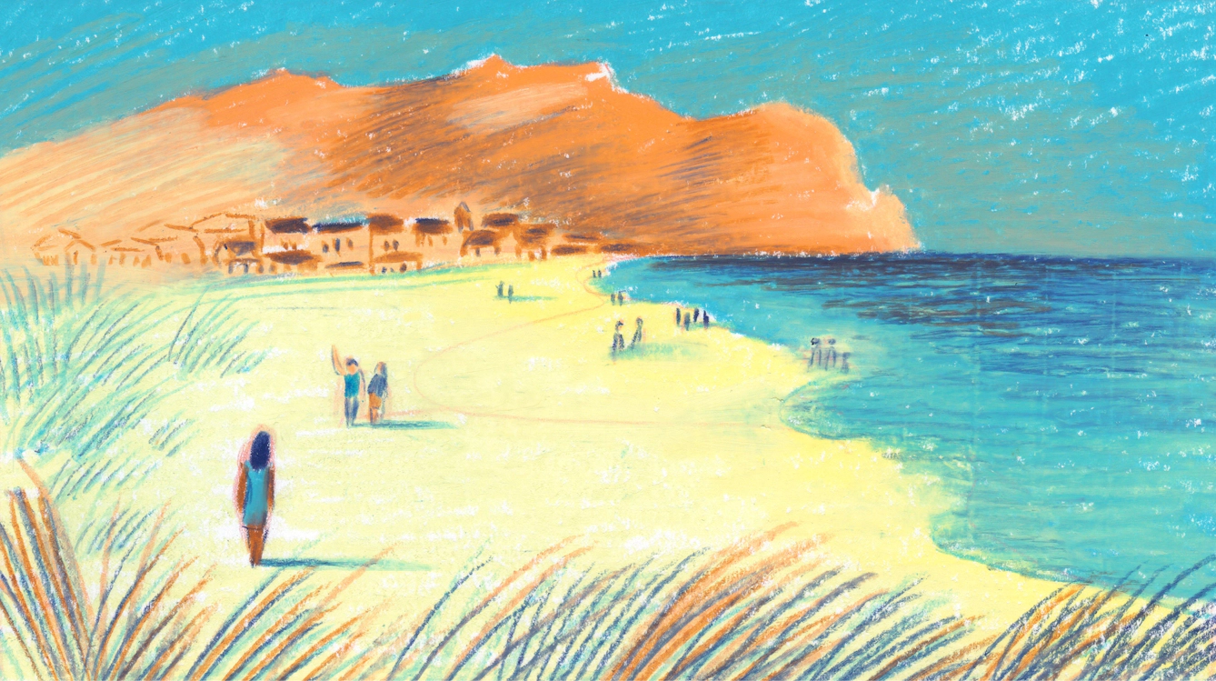 The woman walks down a sunny beach to greet two figures, one of whom is waving to her. The same village can be seen from the first image, in the distance in a much warmer light.