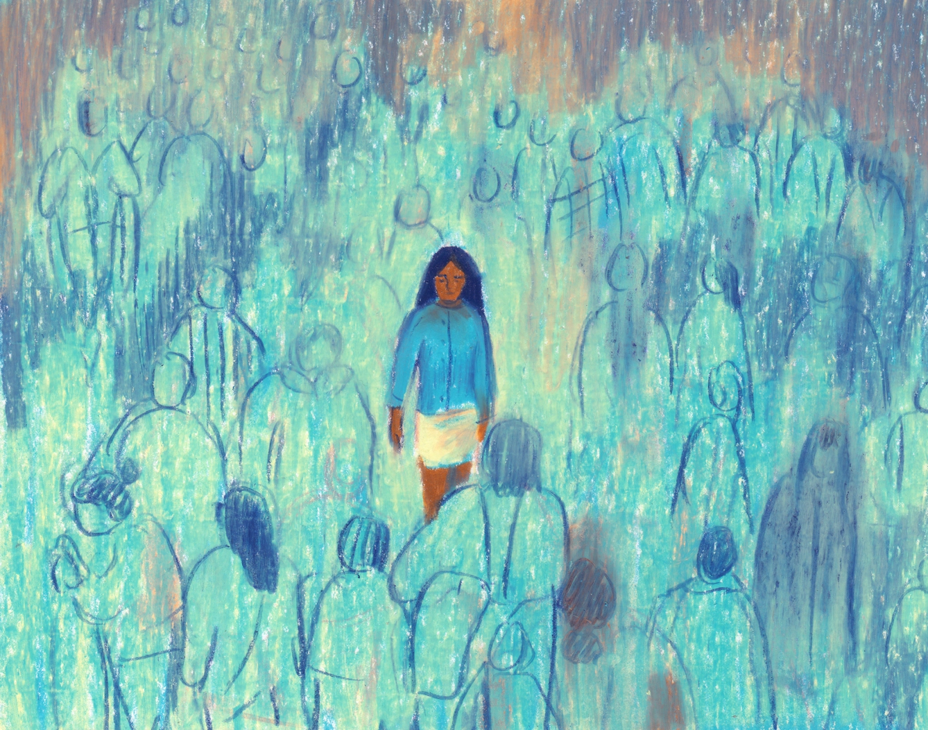 The same woman stands in the centre of a large crowd of people. She is in focus and detailed, the surrounding people are ambiguous figures only. A warm light creeps in from the top smudging the figures, the rest of the scene is cool-toned, with a light blue wash.