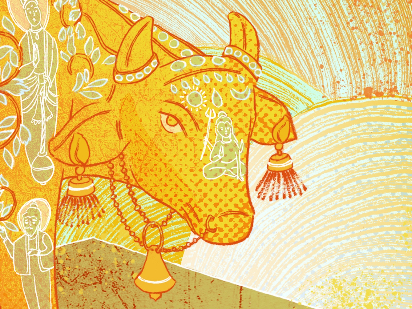 A digital illustration of Kamadhenu (the divine bovine goddess) depicted as a cow with illustrations of Hindu goddesses and other religious symbols painted on their hide. Around their neck is a bell on a chain, in the background are orange and yellow swirls representing butter.
