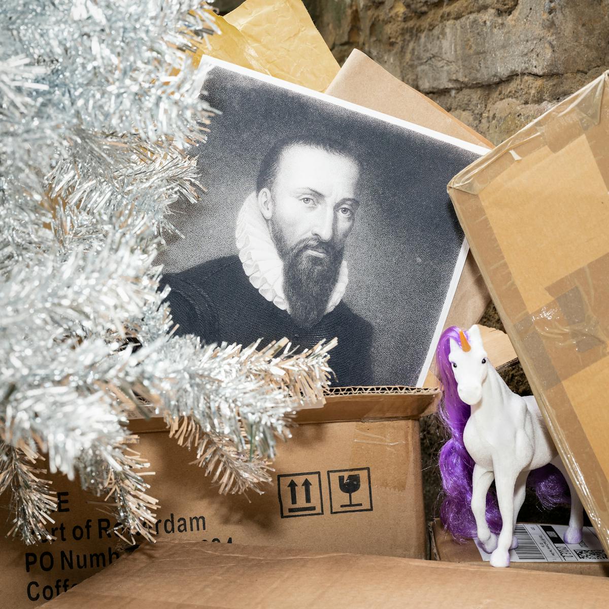 Photograph of a pile of brown cardboard boxes quite closeup. Next to the boxes on the left is part of a silver tinselled Christmas tree, bare of decorations. Sticking out of one of the cardboard boxes is a balck and white print of a bearded mad with a ruff from the 16th century. One the right hand side, appearing from behind a box is a white plastic unicorn figurine with an orange horn and a purple mane.  