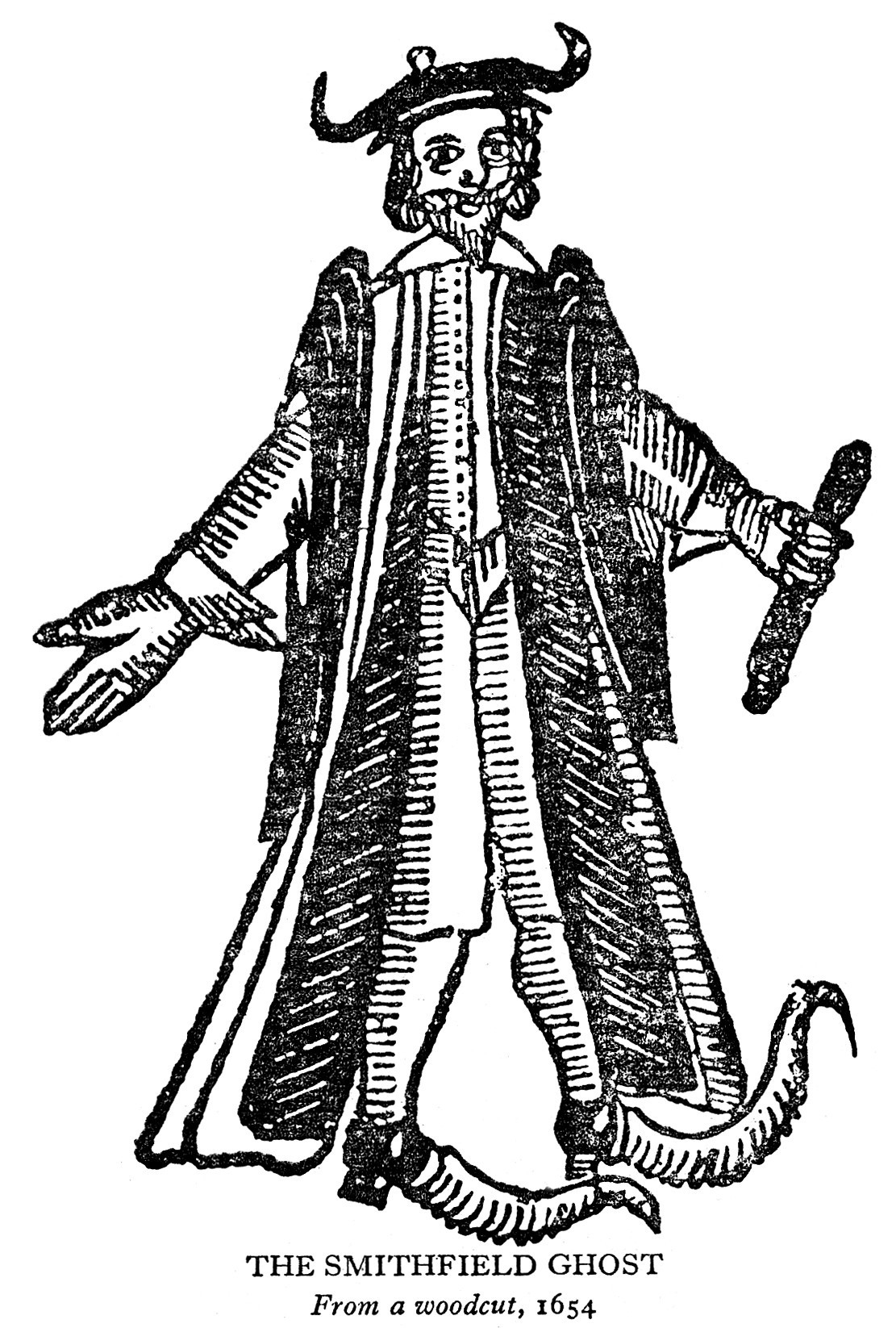 Black and white illustration of a bearded man wearing a robe, hat and jester’s boots.